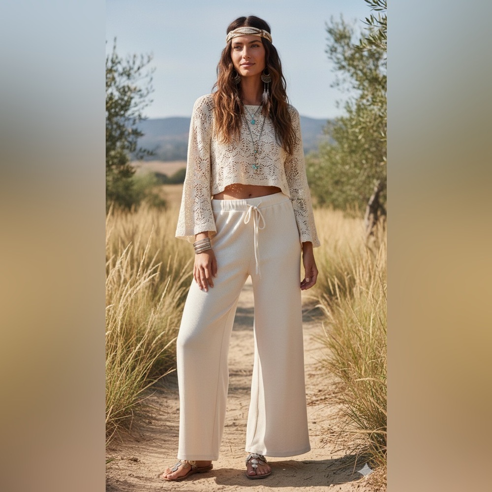 CIDER Ribbed High Waist Pull on Elastic Waist Wide Leg Pants Size XS - Picture 2 of 6